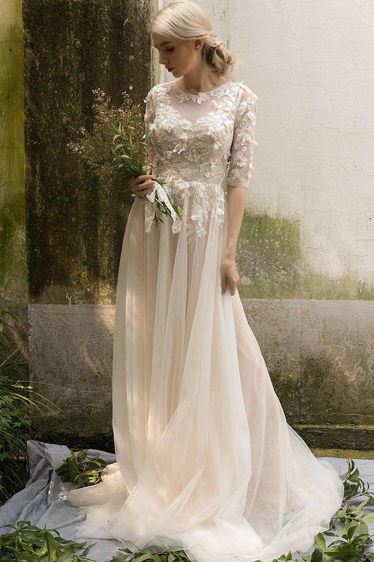 A-Line Sweep-Brush Train Tulle Wedding Dress CW3019 - COCOMELODY